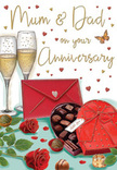 The anniversary card artwork presents a richly detailed celebration scene, evoking the warmth of a Pentonville evening when flowers, chocolates, and a special message arrive together at the door. In the foreground, a heart-shaped chocolate box in a deep, romantic red steals the focus. Its lid, decorated with an extravagant satin bow, is tipped open to reveal a tidy arrangement of rounded chocolates, their glossy surfaces catching the light in tones of milk and dark brown. Just behind, two tall champagne flutes stand close, their slender stems aligned as companions. Each glass holds a pool of pale golden champagne, alive with fine, rising bubbles that lend the image a sense of movement, as though a toast is moments away. To the side of this indulgent pairing rest two velvety red roses, their petals richly layered and plush, surrounded by fresh green foliage that suggests the careful eye of a florist selecting only the best stems from a shop off Pentonville Road or near King's Cross. A few stray chocolates lie scattered on the tabletop, implying that the first tastes have already been shared with smiles. A bright scarlet envelope, sealed and slightly askew, hints at a handwritten anniversary card full of affection, perhaps thanking Mum and Dad for a lifetime of love in N1. All of this is set against a gentle, creamy background where tiny golden and crimson hearts float like confetti, encircling the scene with romance. The composition feels intimate, indulgent, and heartfelt, a visual echo of raising a glass, sharing sweets, and celebrating years of shared memories in the heart of Pentonville.